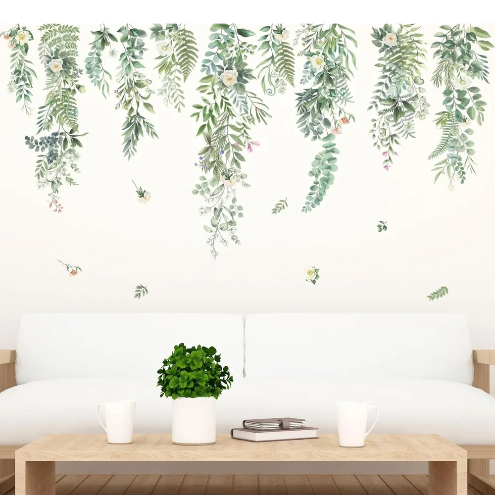 Large Green Hanging Vine Wall Stickers - Nature Plants Flower Leaves Wall Decals